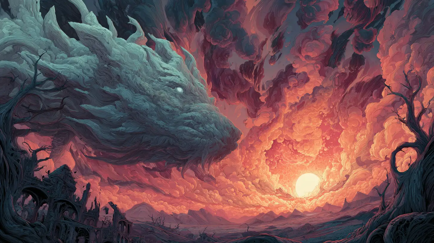Surreal monster rampaging through apocalyptic fiery landscape