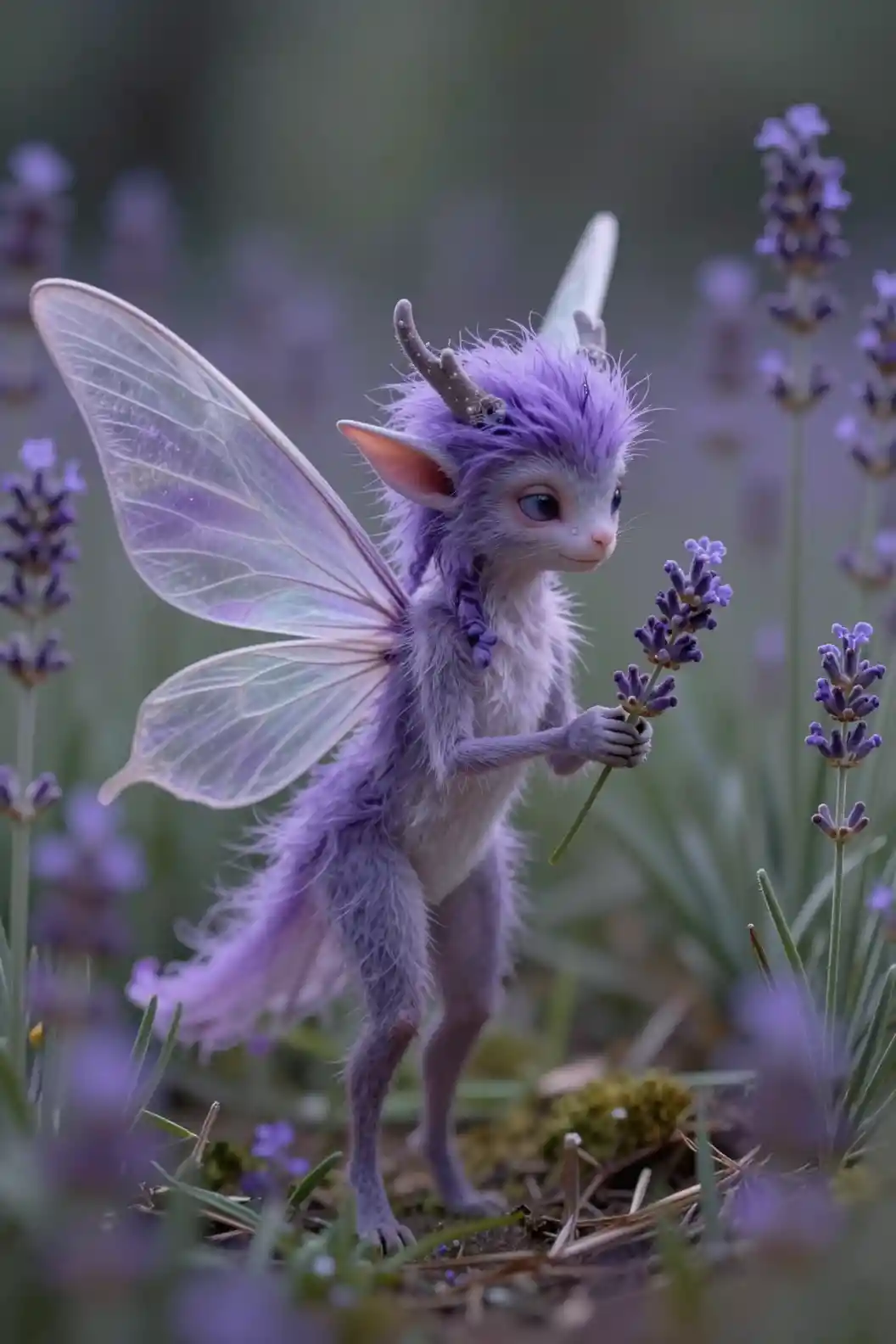 Retrato de hada mística en un elaborado paisaje fantástico de lavanda