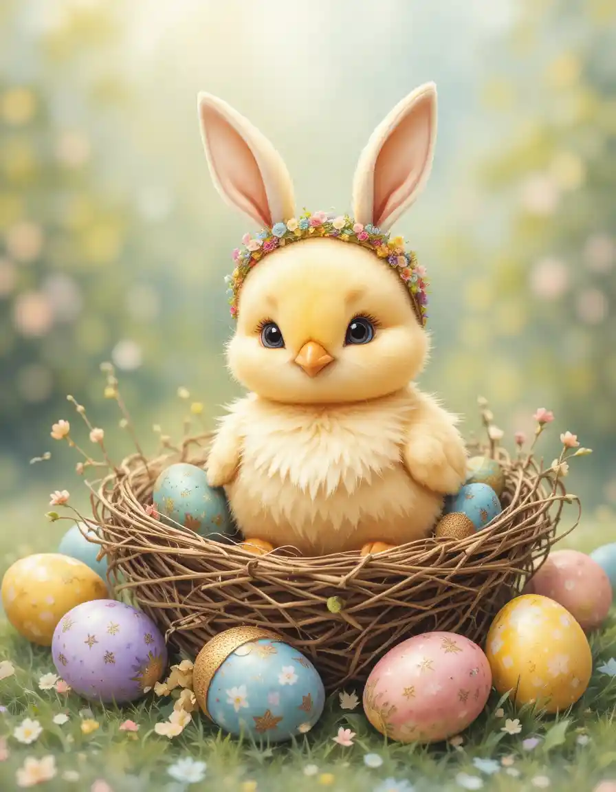 Süßes Küken mit Hasenohren in einem bunten Osternest