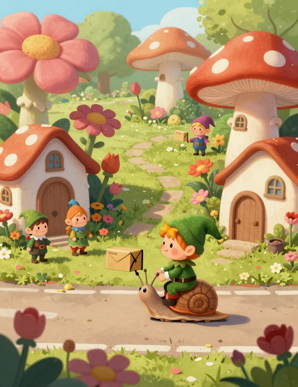 Cute Elf Riding A Snail Through A Flower Town Street