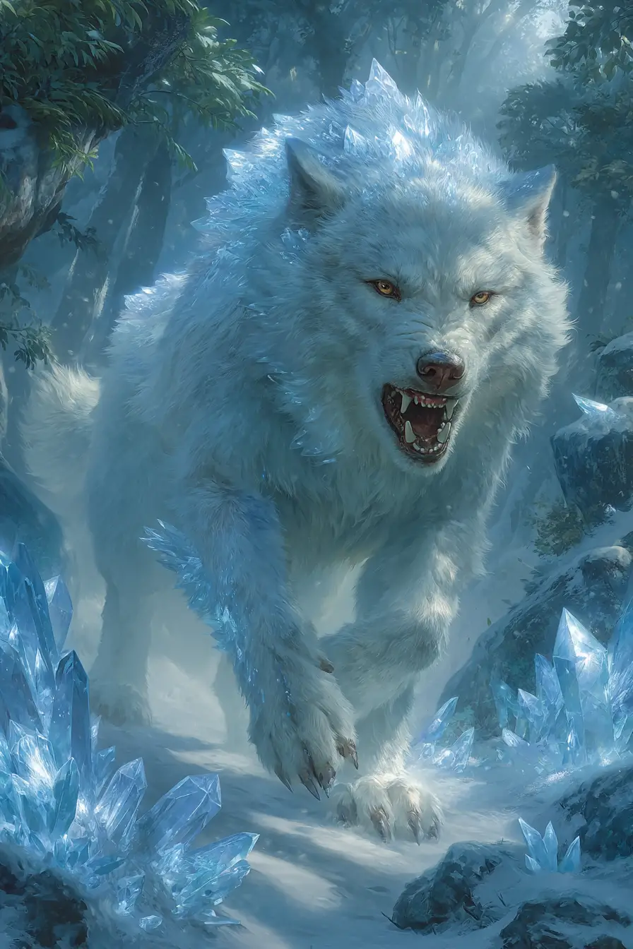 Fantasy frost creature snarling in a snowy forest