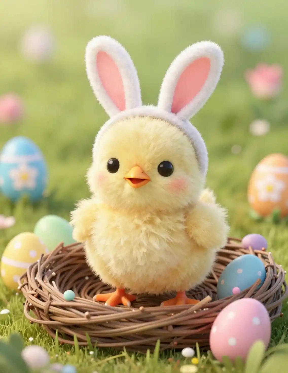 Süßes Osterküken mit Hasenohren im bunten Nest