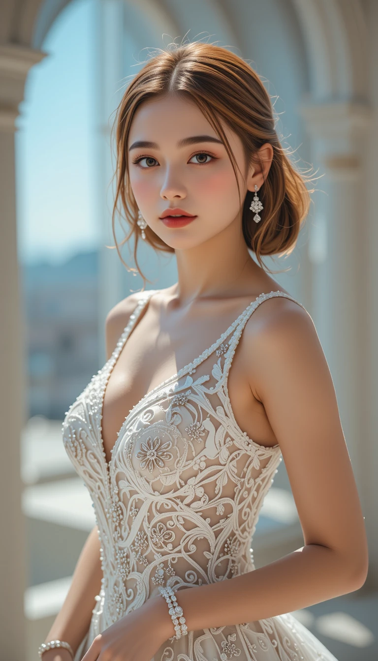 Cheerful bride in form fitting wedding gown in sunlight