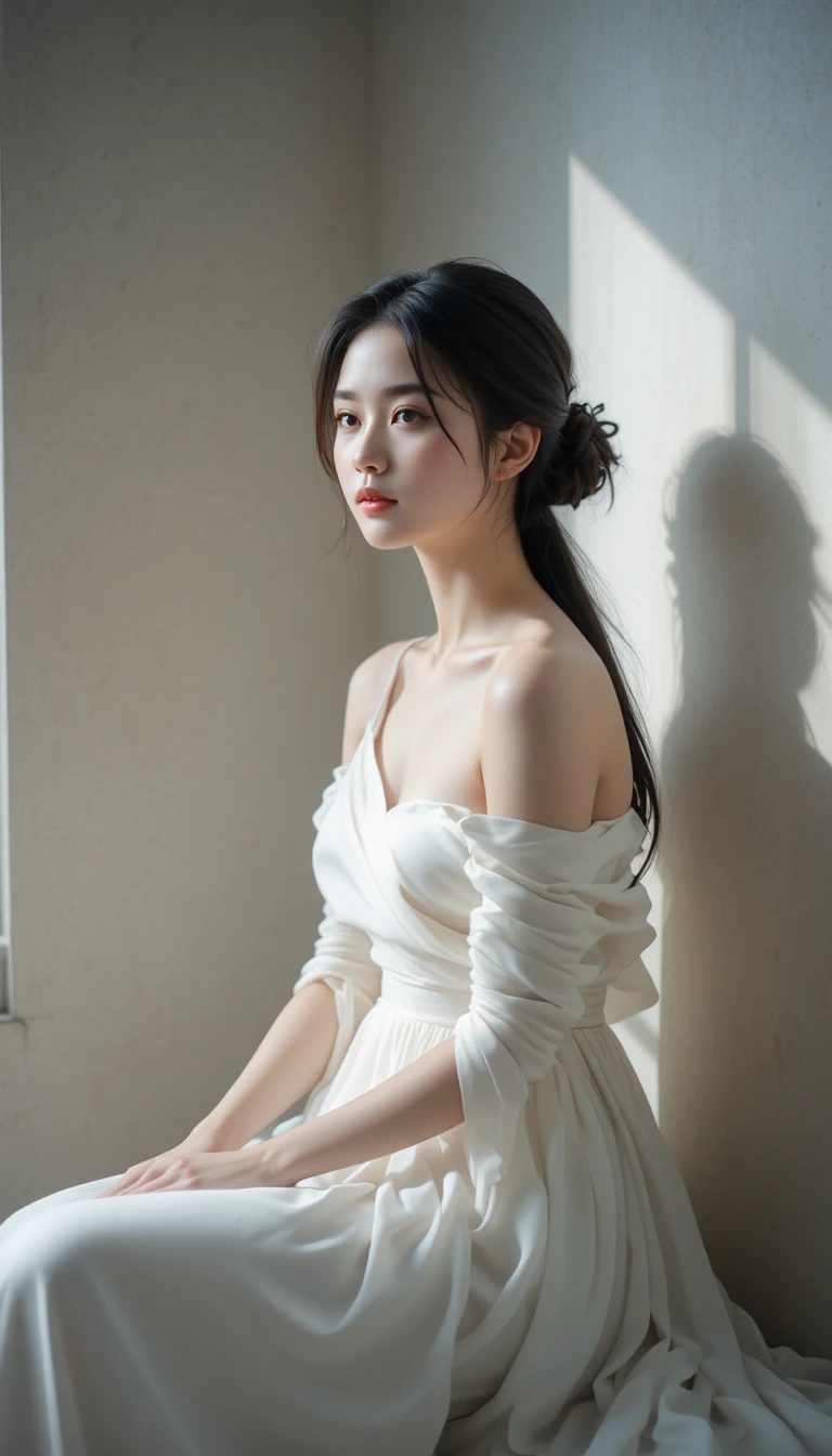 Jovem mulher de vestido branco na suave luz lateral da janela