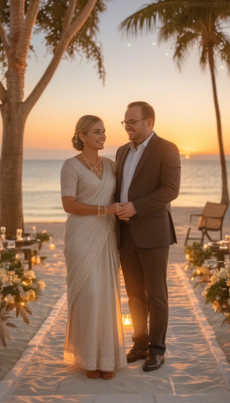 Pareja romántica cenando en una playa al atardecer