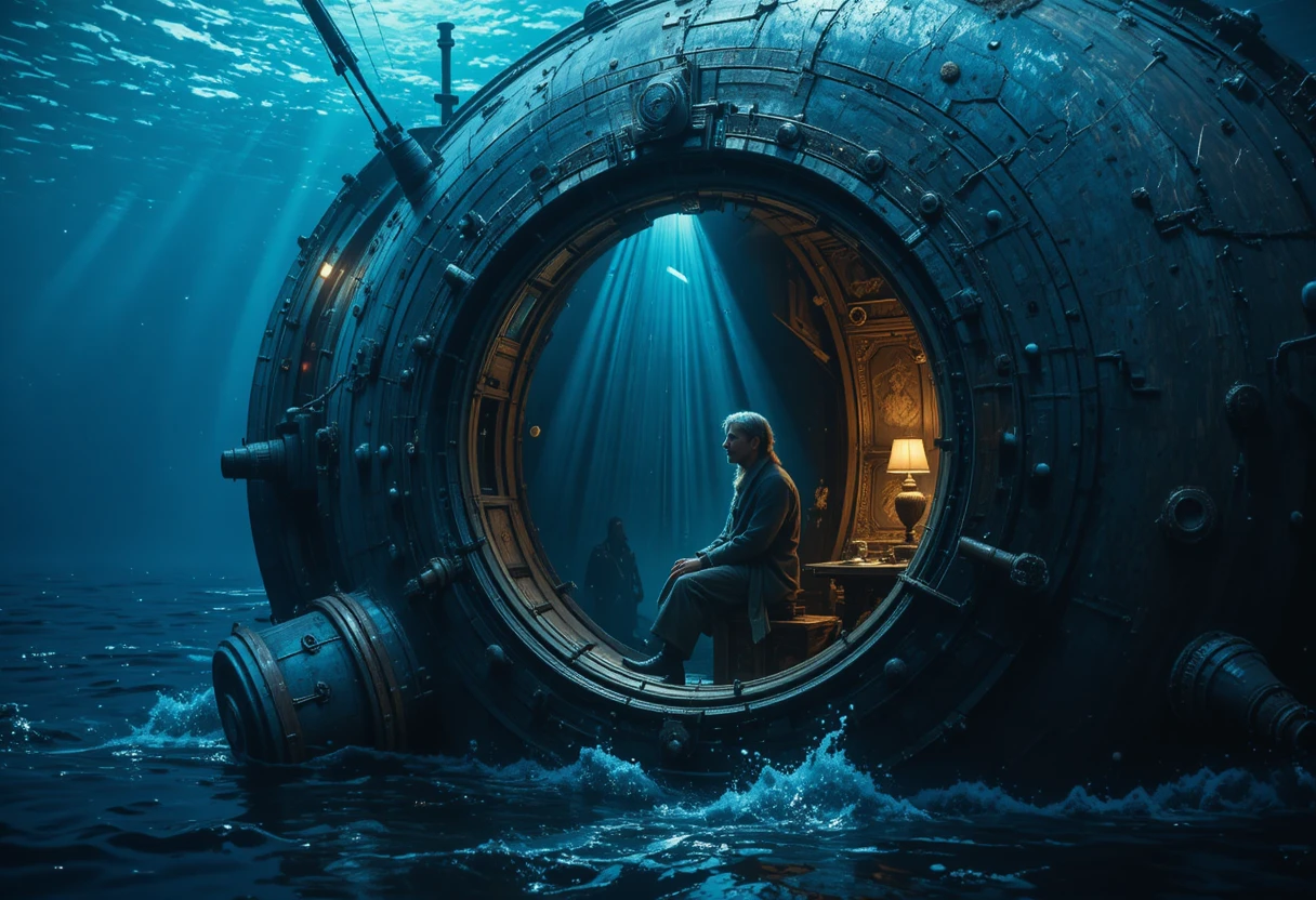 Janela do submarino Nautilus brilhando no calmo mar profundo