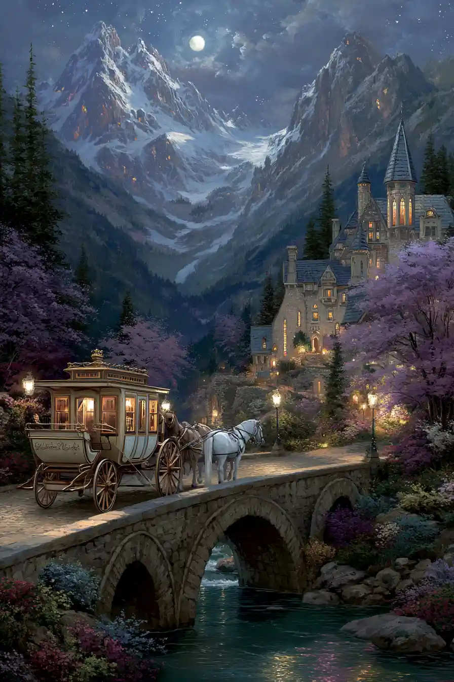 Fairytale horse carriage crossing a stone bridge at night