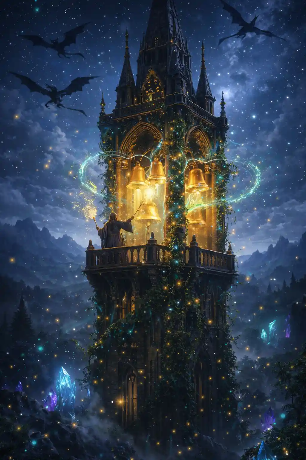 Majestuosa torre de campana medieval rodeada de magia nocturna encantada