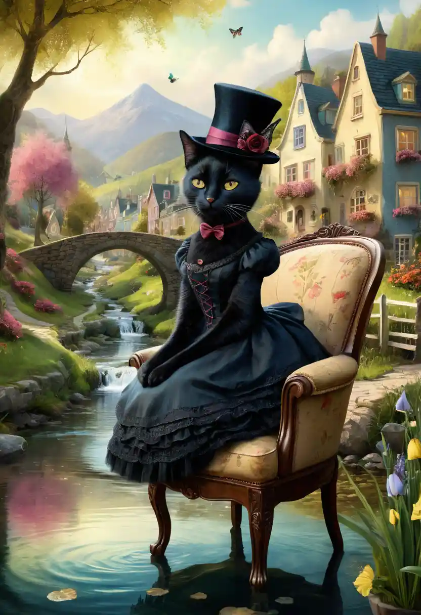 Elegante anthropomorphe schwarze Katze in einer viktorianischen Stadt am Fluss