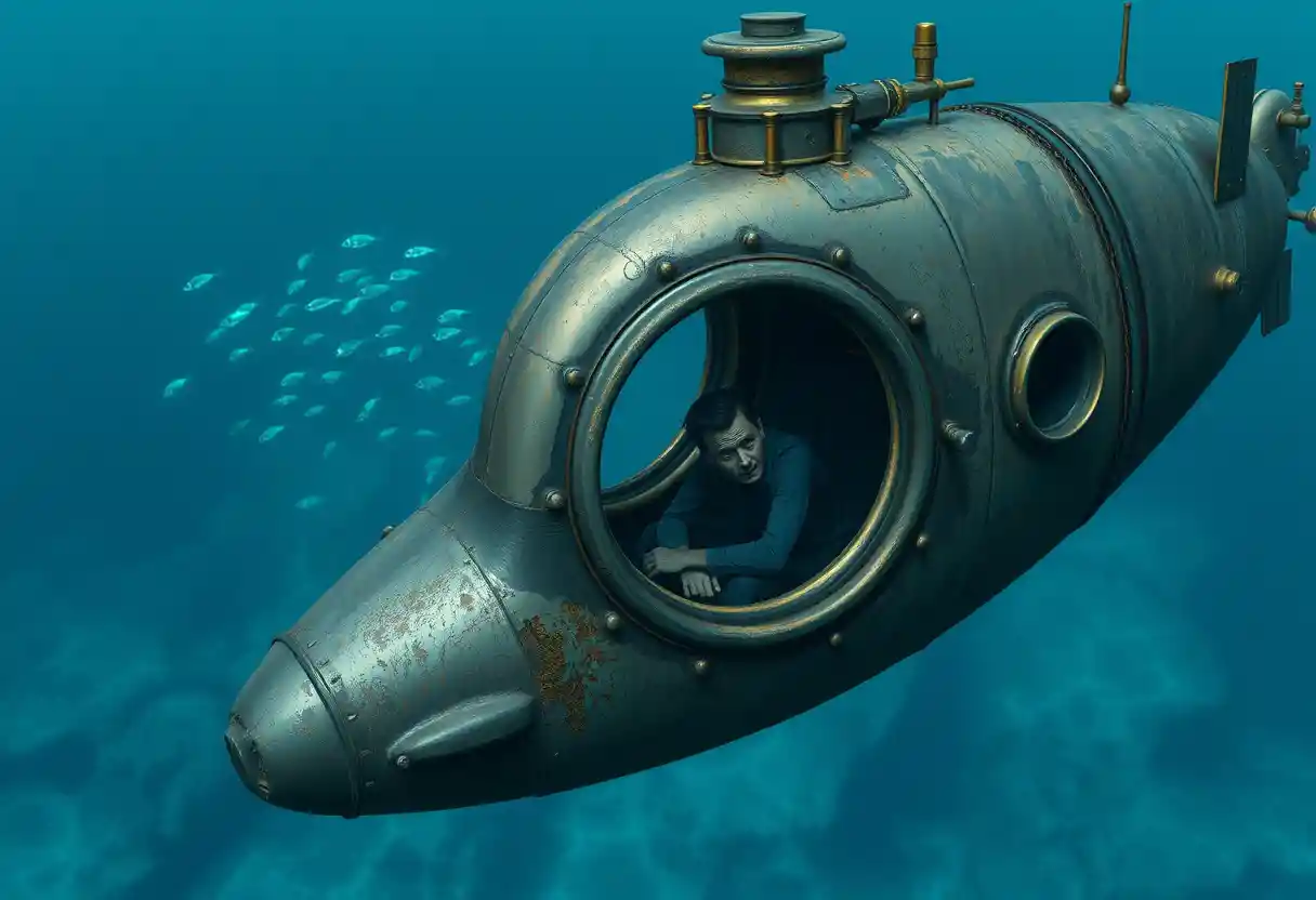 Sommergibile invecchiato che deriva placidamente in un oceano azzurro e limpido