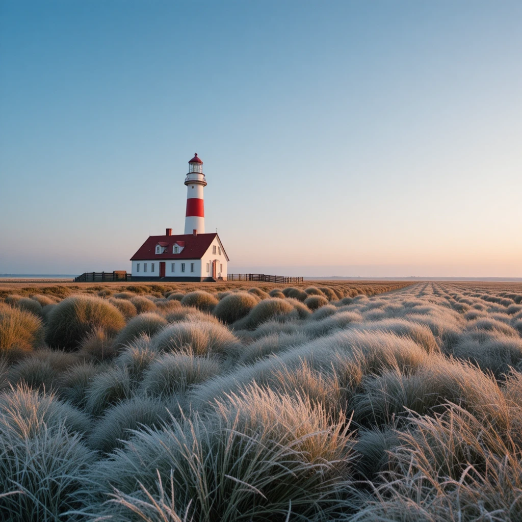 Phare de Westerheversand au-dessus d’un marais givré au lever du soleil