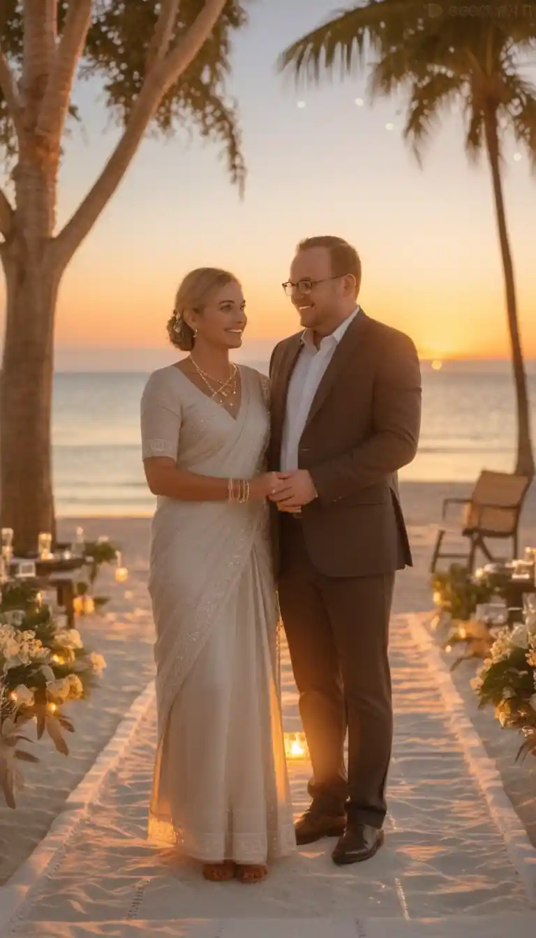 Pareja romántica cenando en una playa al atardecer