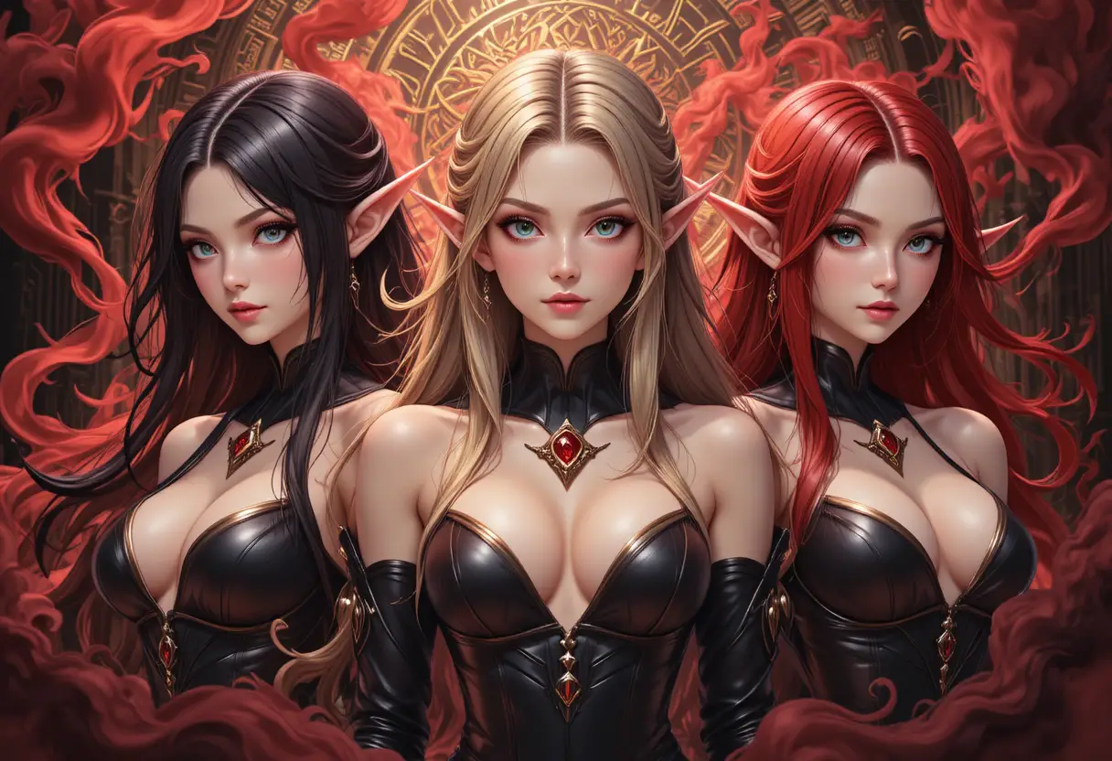 Tre elfe in stile anime tra vortici di fumo rosso e nero