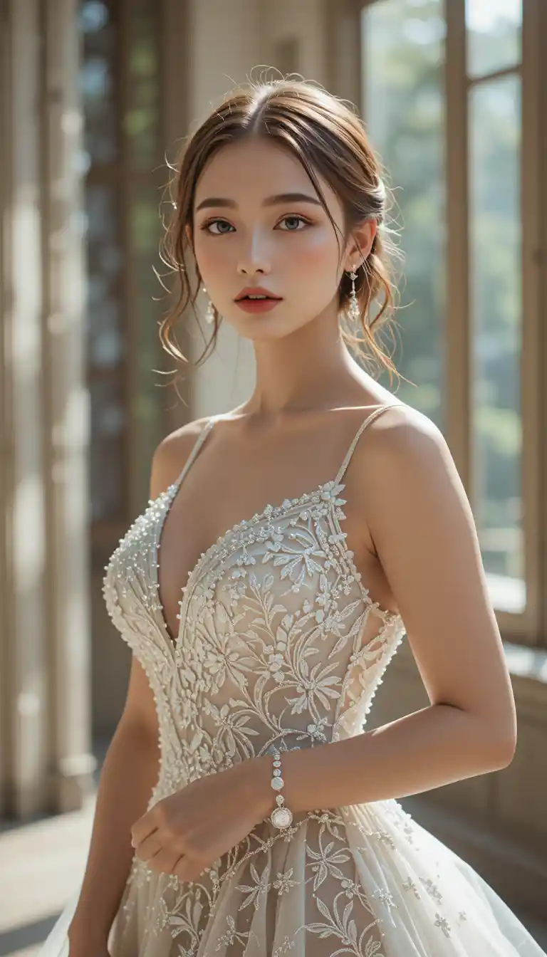 Cheerful bride in a fitted wedding gown outdoors