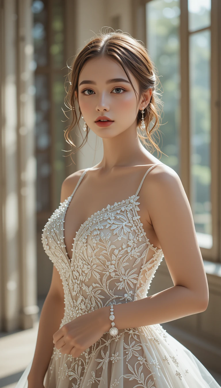 Cheerful bride in a fitted wedding gown outdoors