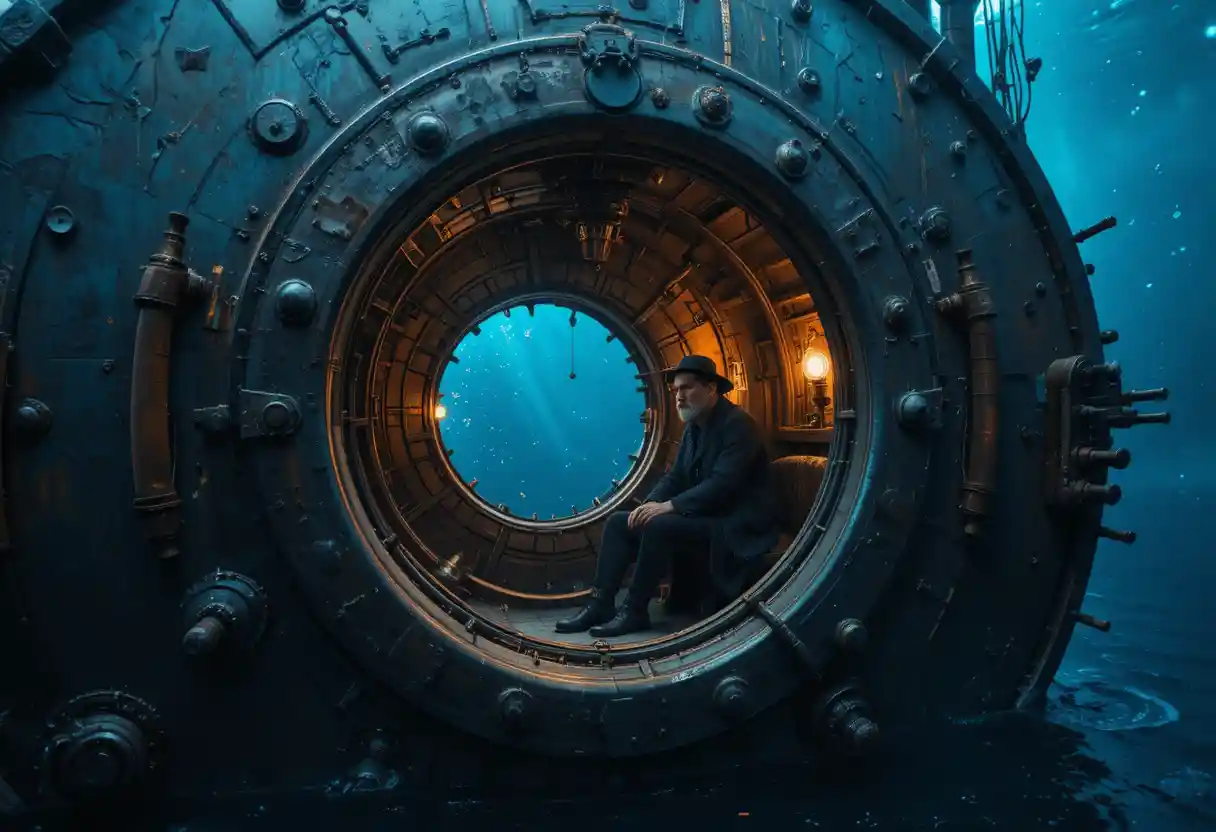 Submarine Nautilus In Calm Blue Deep Sea With Lit Porthole
