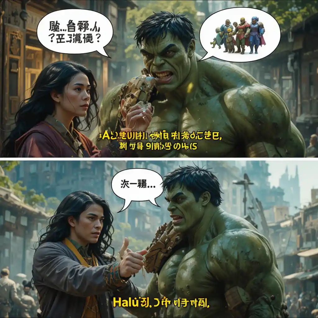 자전거를 달라고 우는 여동생과 곰곰이 생각에 잠긴 헐크