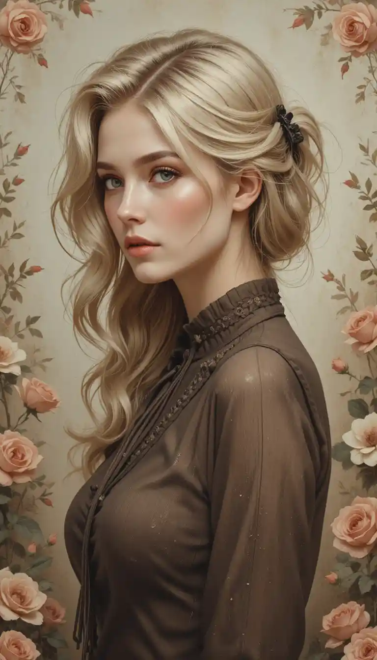 Ritratto di profilo laterale di una donna bionda con arte floreale
