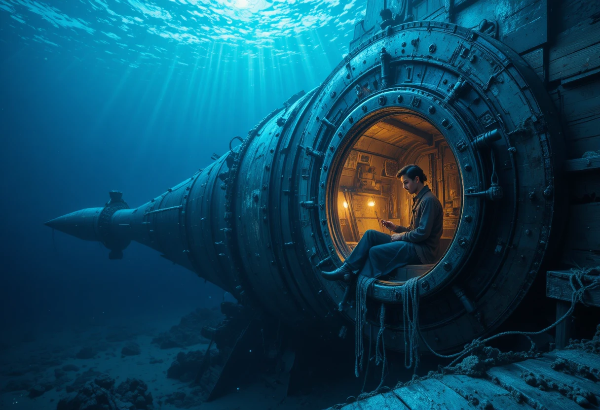Submarino Nautilus visto no mar azul profundo
