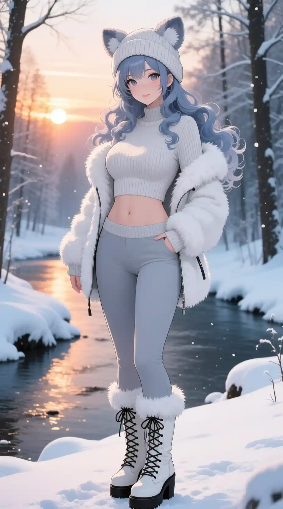 Anime-Frau im Winteroutfit an einem verschneiten Waldfluss