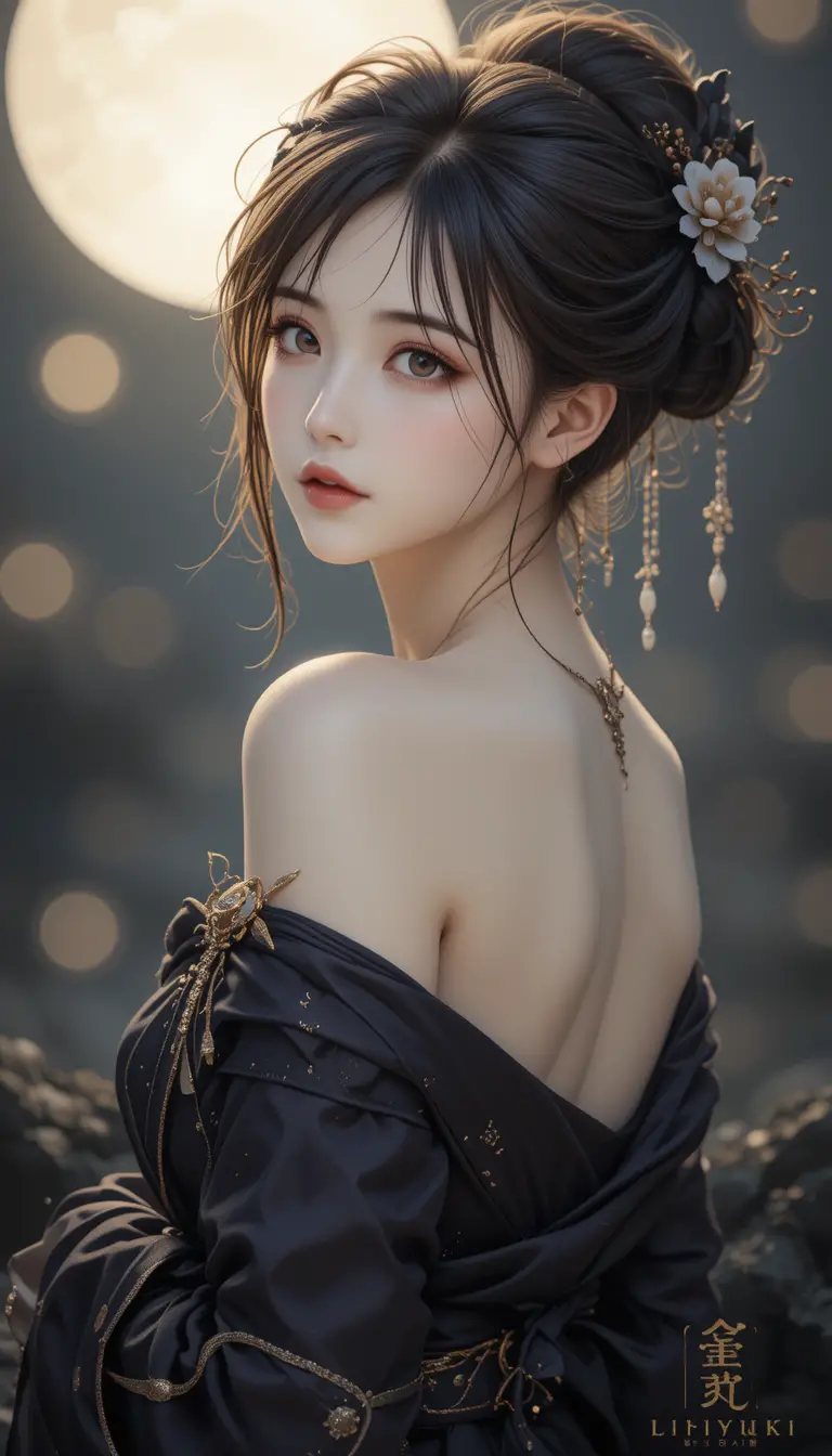 Classical portrait of a woman in a dark kimono under moonlight