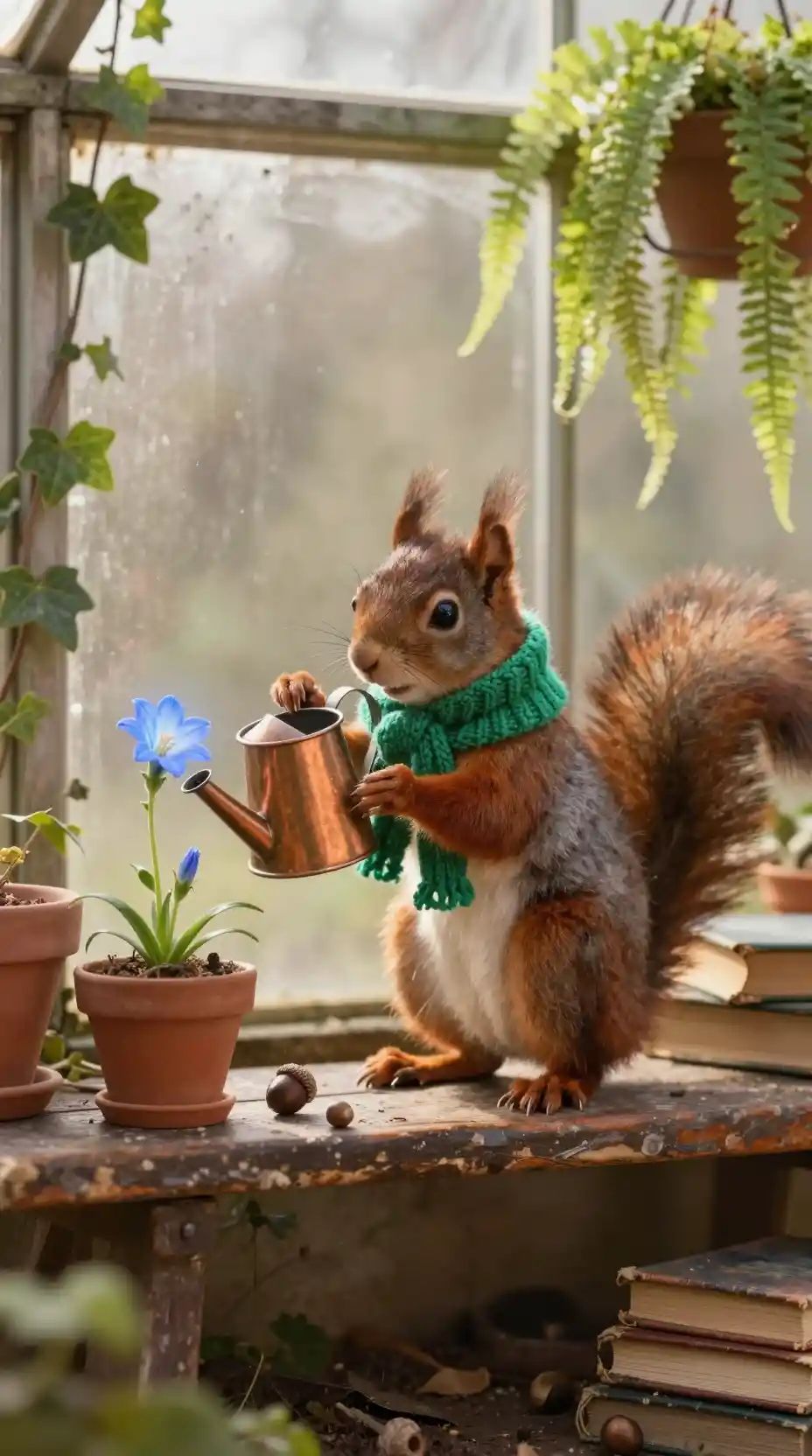 Tiny Red Squirrel Watering A Glowing Blue Flower