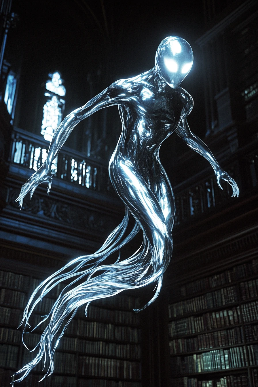Silver wraith gliding through an ancient library at night