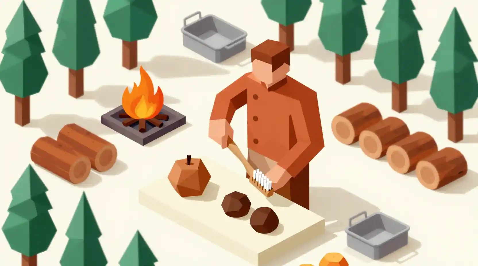 Isometric Wilderness Chef Cleaning Food With Geometric Toothbrush