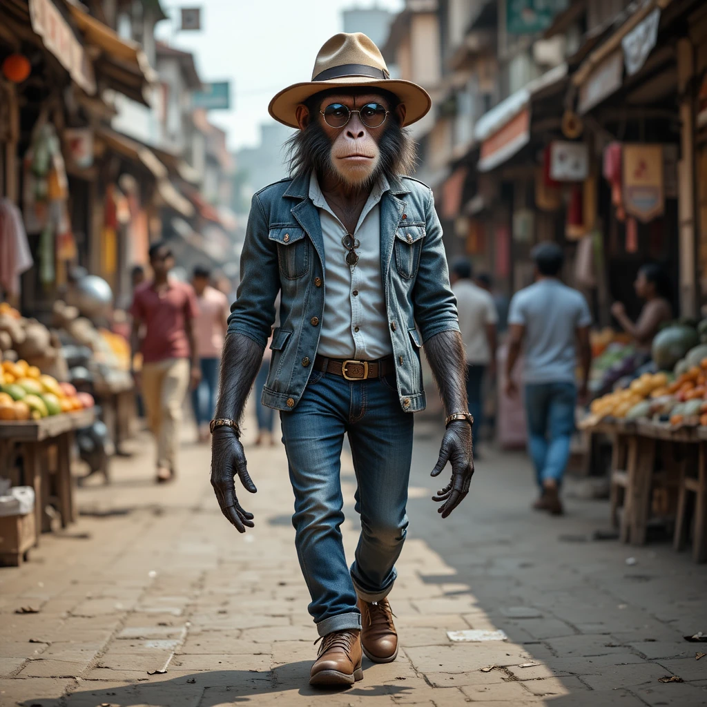 Anthropomorpher Affe in Jeans auf belebtem indischen Markt
