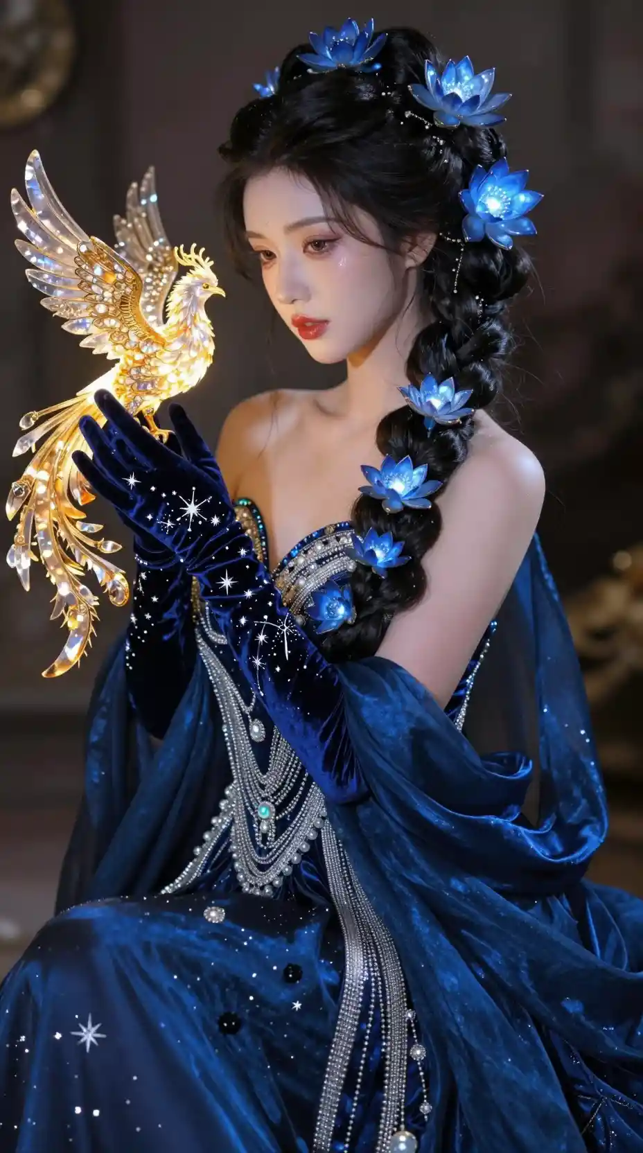 Feiticeira celestial com fênix em vestido de seda na cor da meia-noite