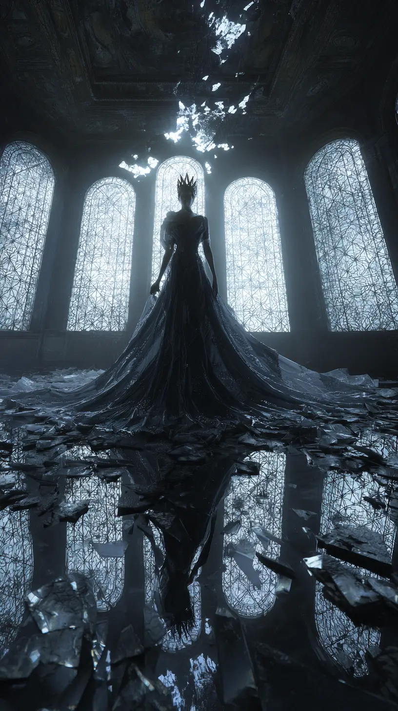 Ghostly queen in a ruined moonlit ballroom close up