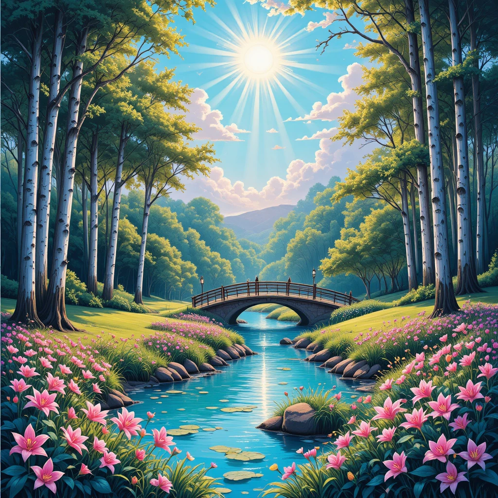 Summer park river scene with bridge and birch trees