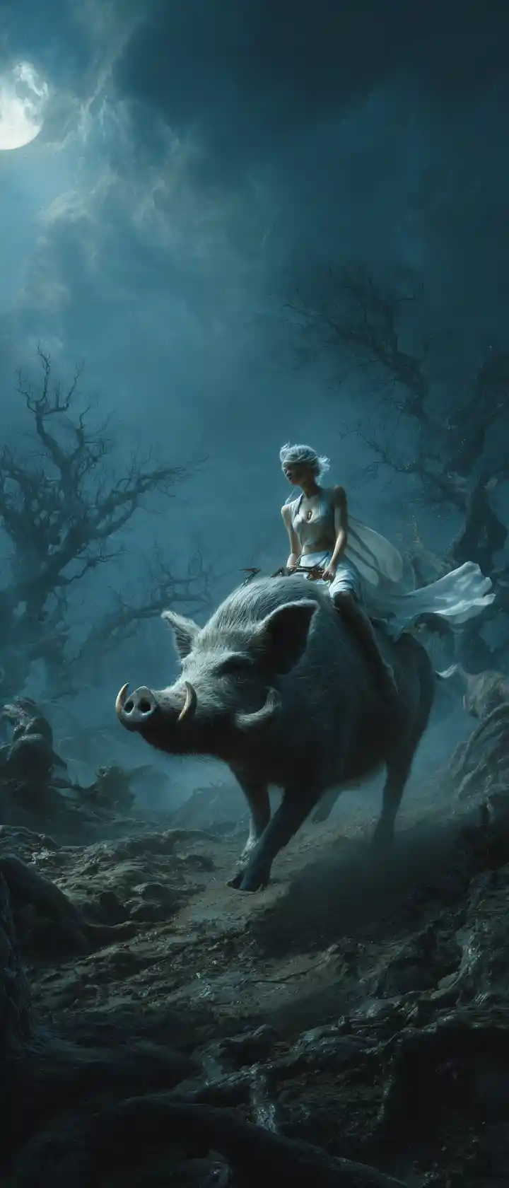 Mujer fantástica montando un jabalí gigante a través de un páramo oscuro