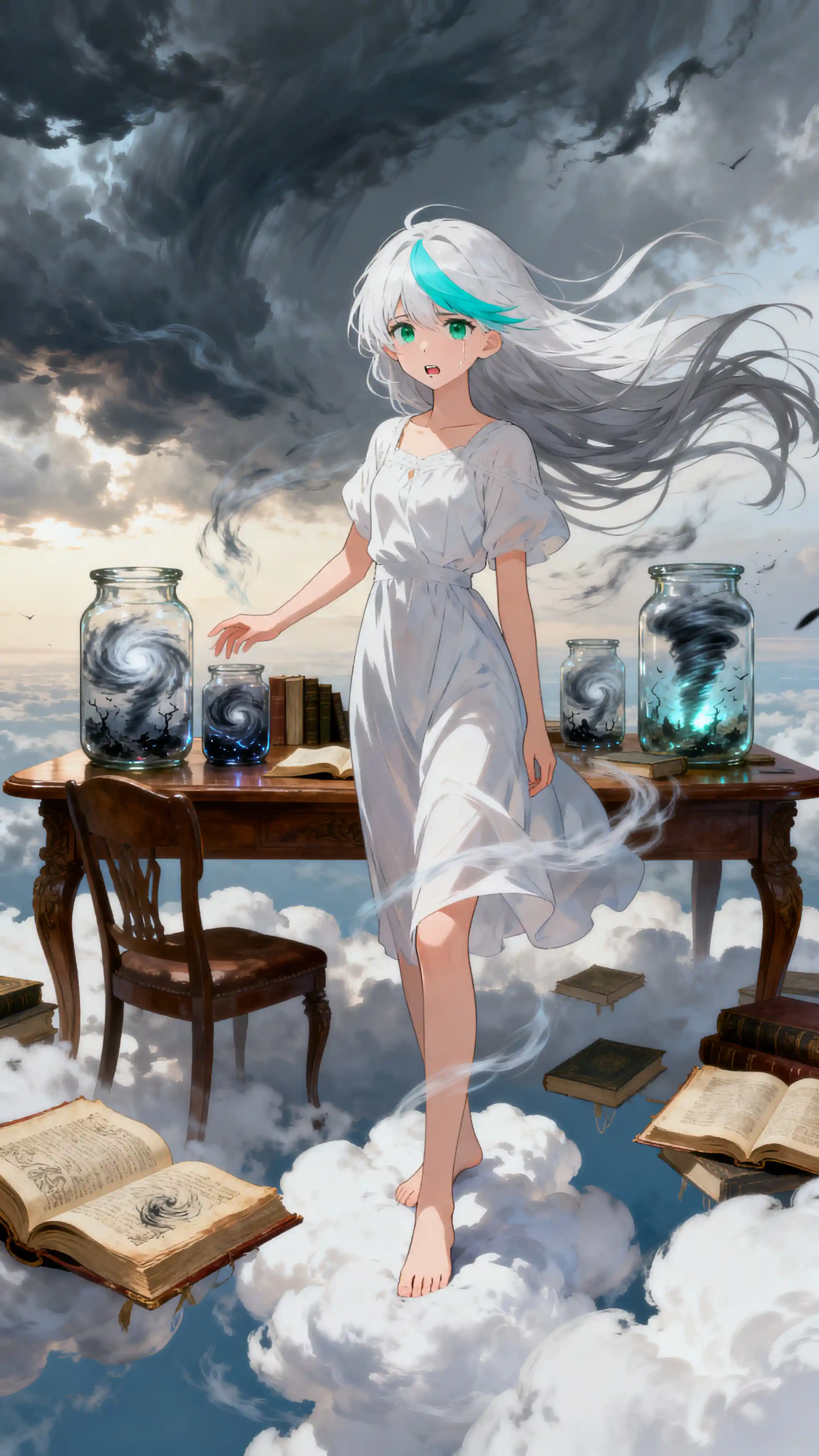 赤腳站在柔軟白雲上的風之女神少女