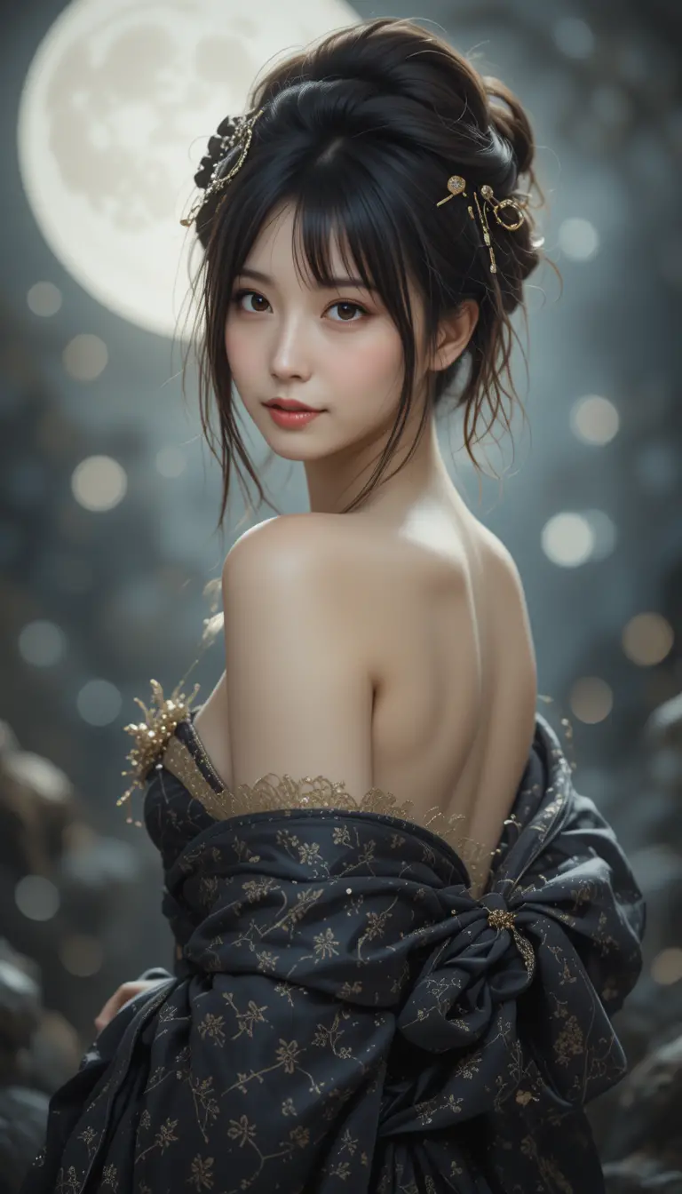 Classical portrait of a woman in a dark kimono under moonlight