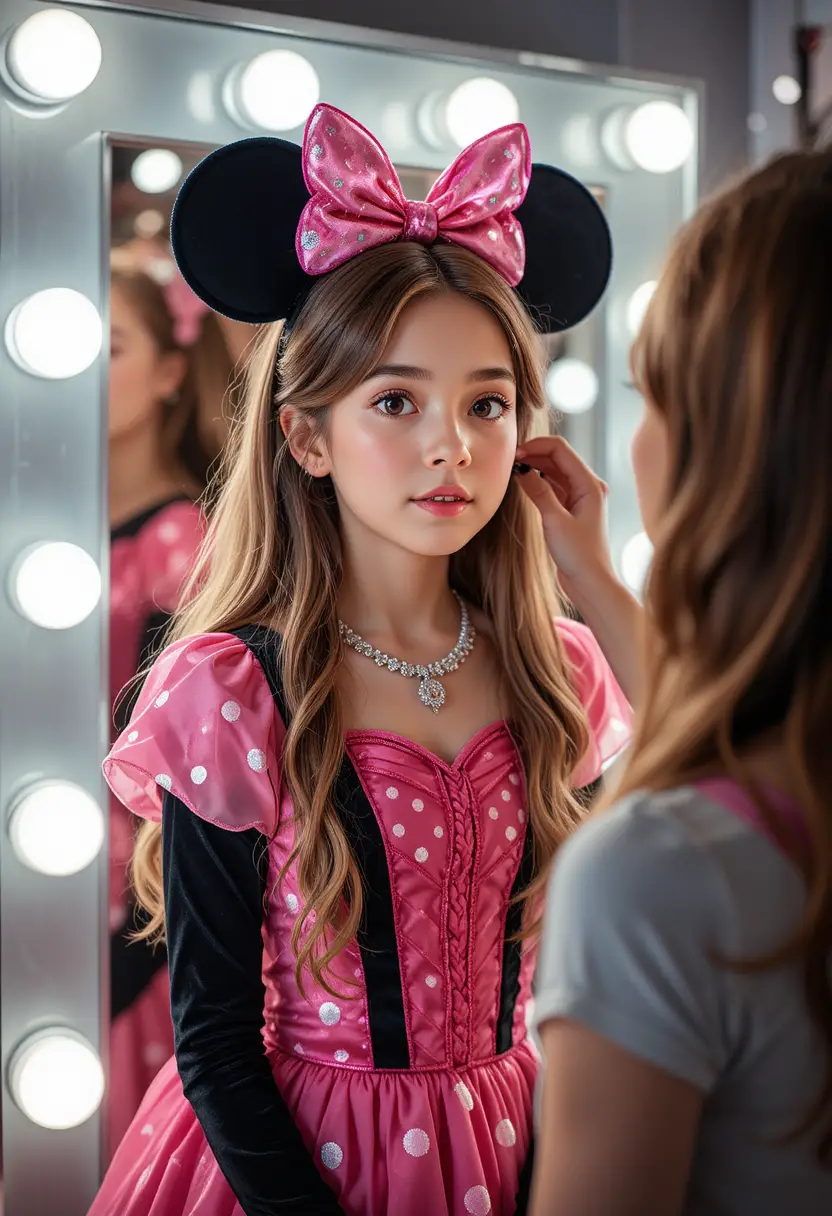 Ragazzo con vestito rosa di Minnie che si trucca nel camerino di una boutique