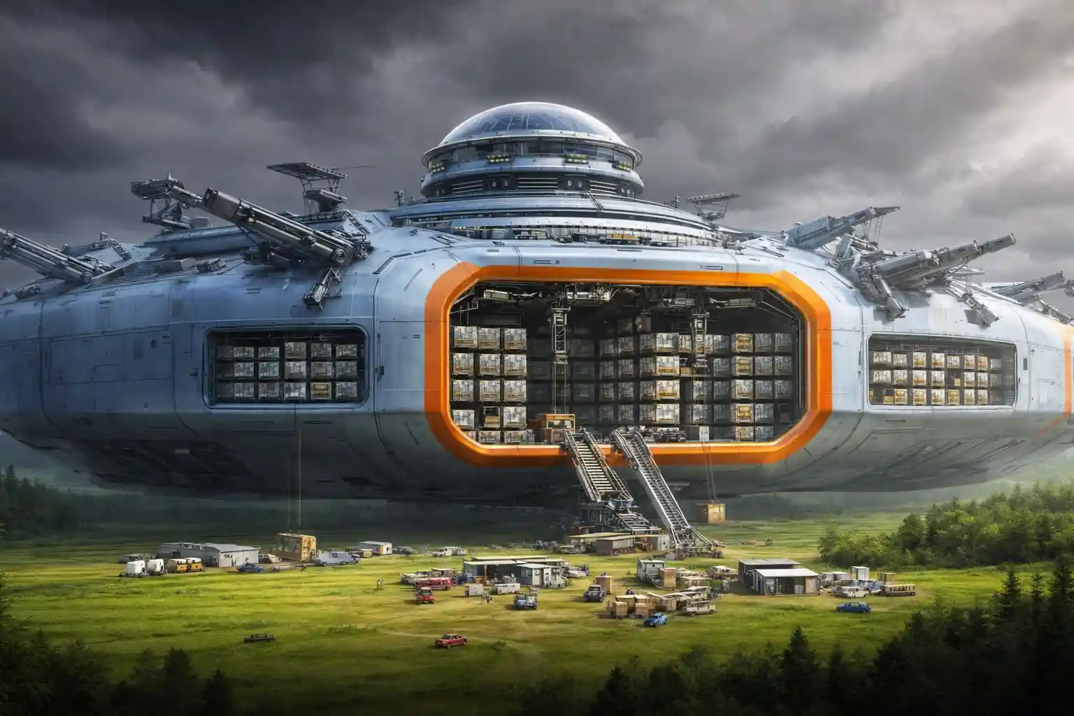 Gigantic futuristic cargo spaceship landed on green grassland