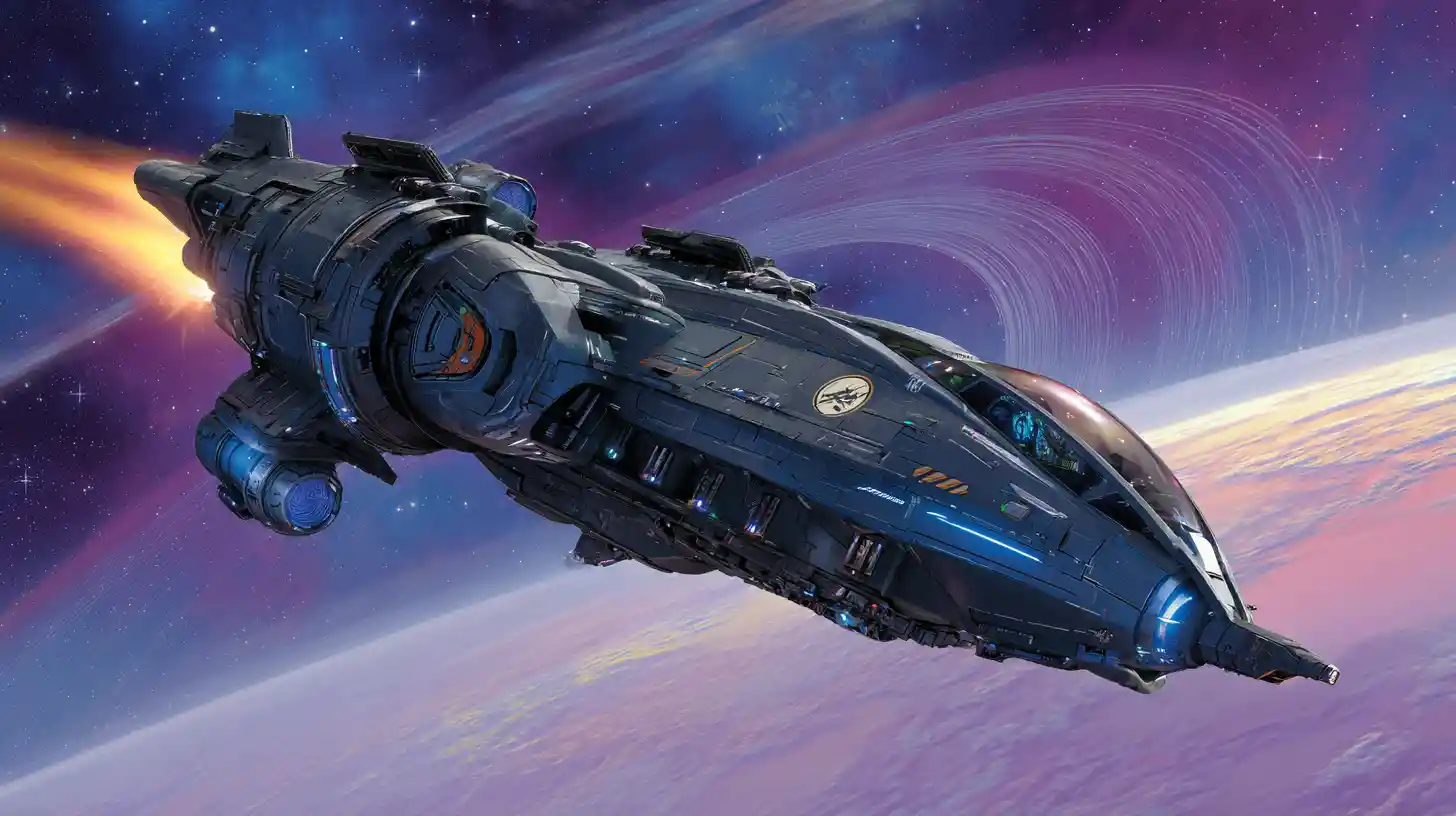 Black space fighter speeding past alien dreadnought in battle