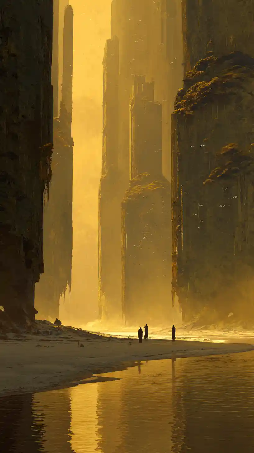 Tiny robed figures among colossal towers in amber fog