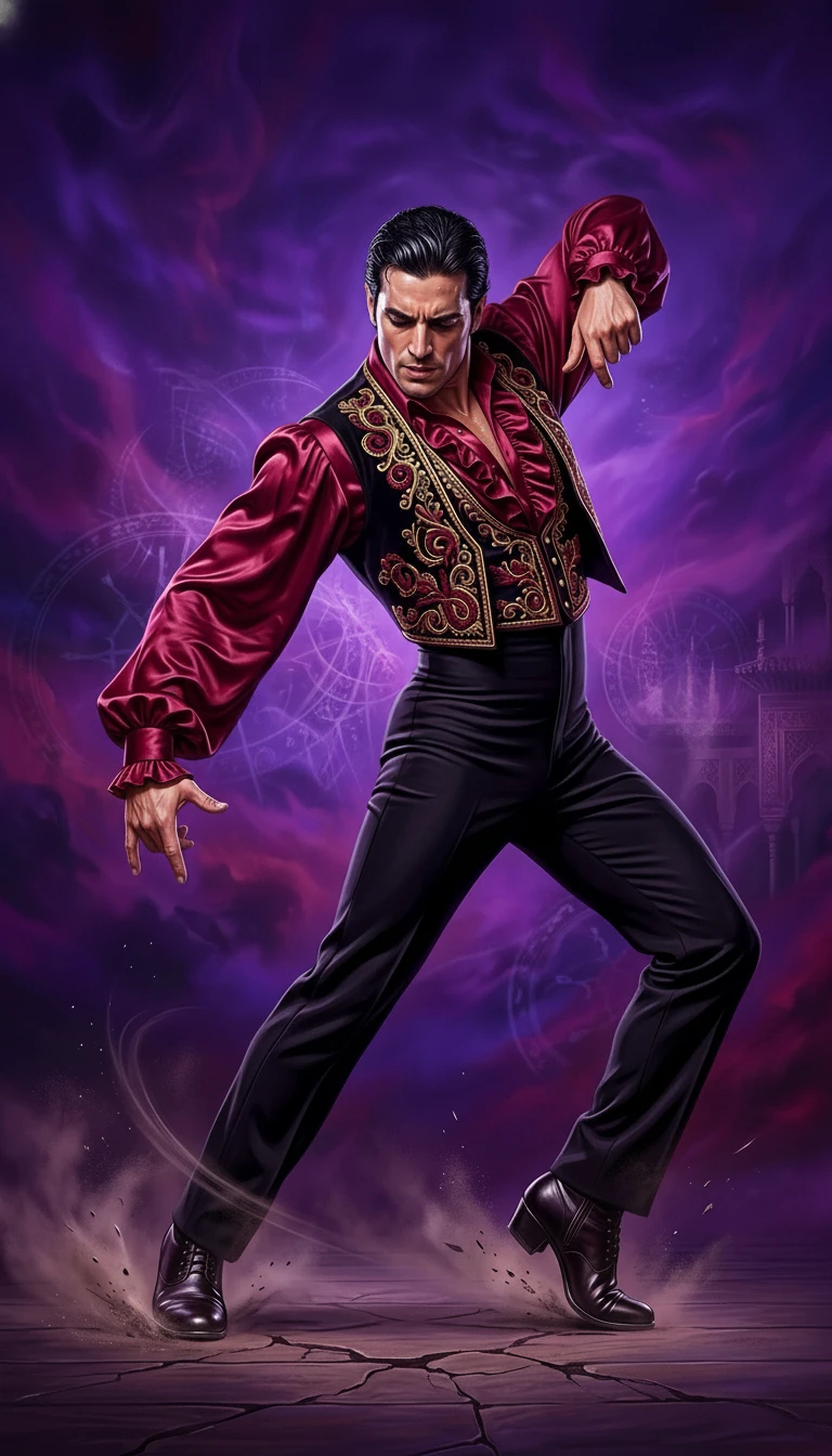 Ballerino di flamenco uomo in rosso e nero con bagliore viola surreale