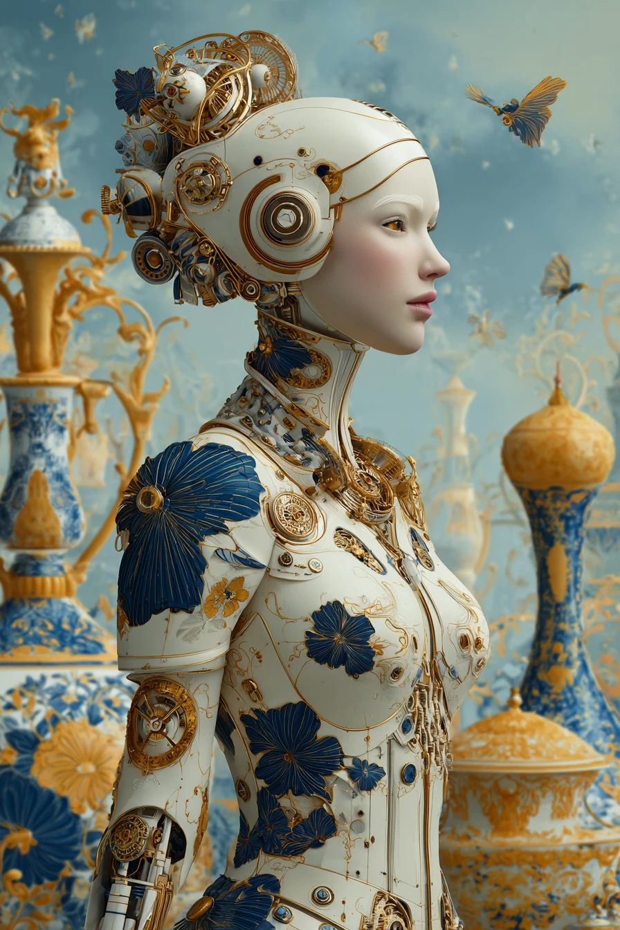 Steampunk porcelain woman in ornate cinematic portrait