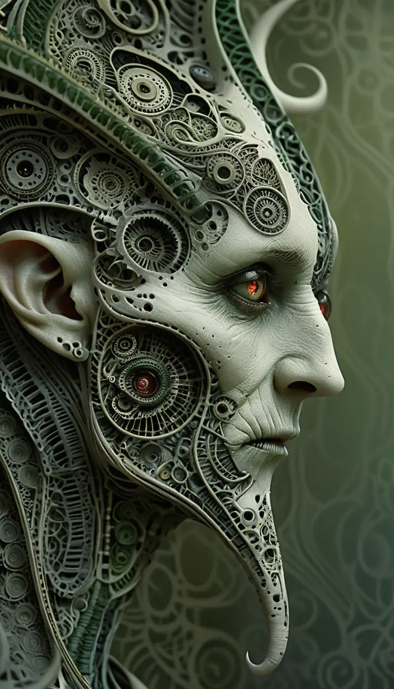 Surreal biomechanical portrait of a horned humanoid creature