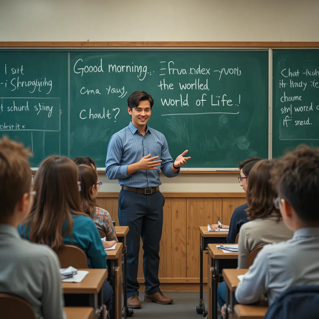 Smiling teacher greeting students at the start of biology class