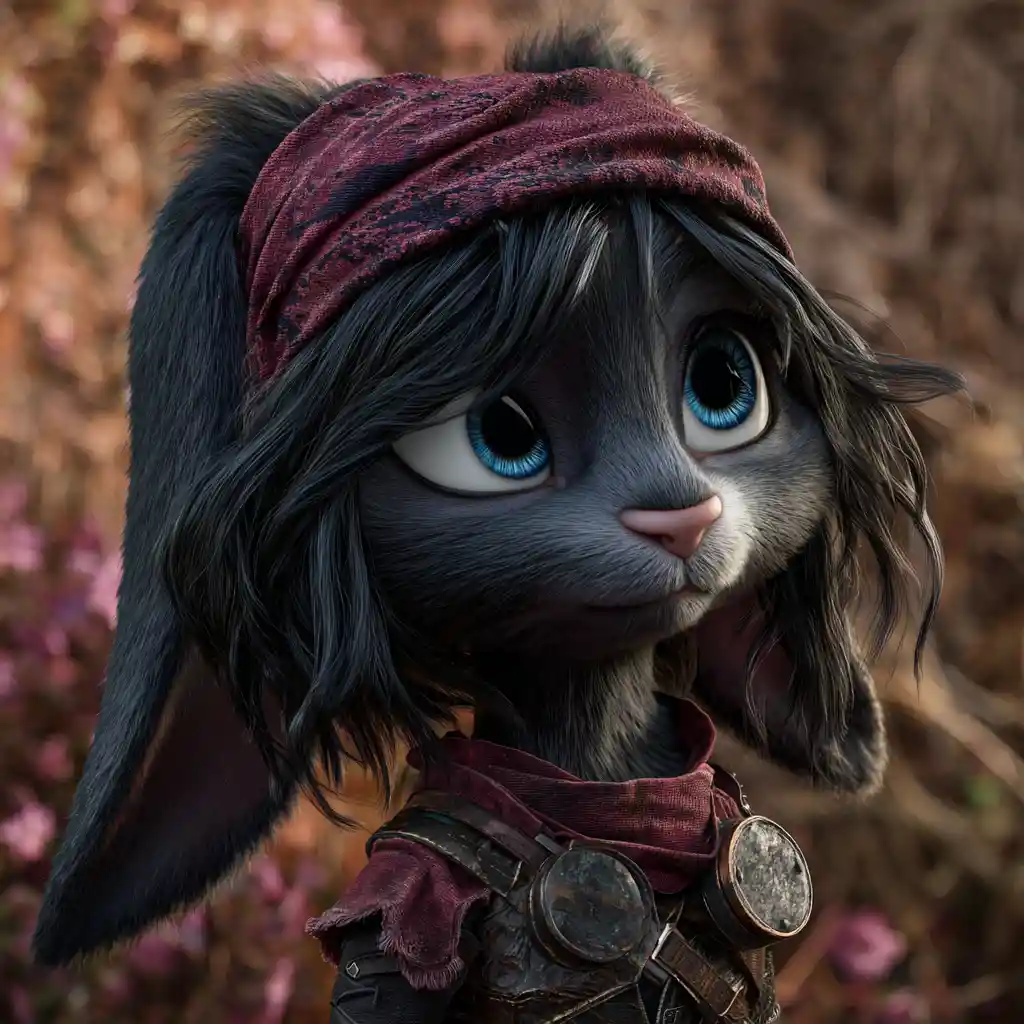 Steampunk black rabbit portrait in a blurred garden