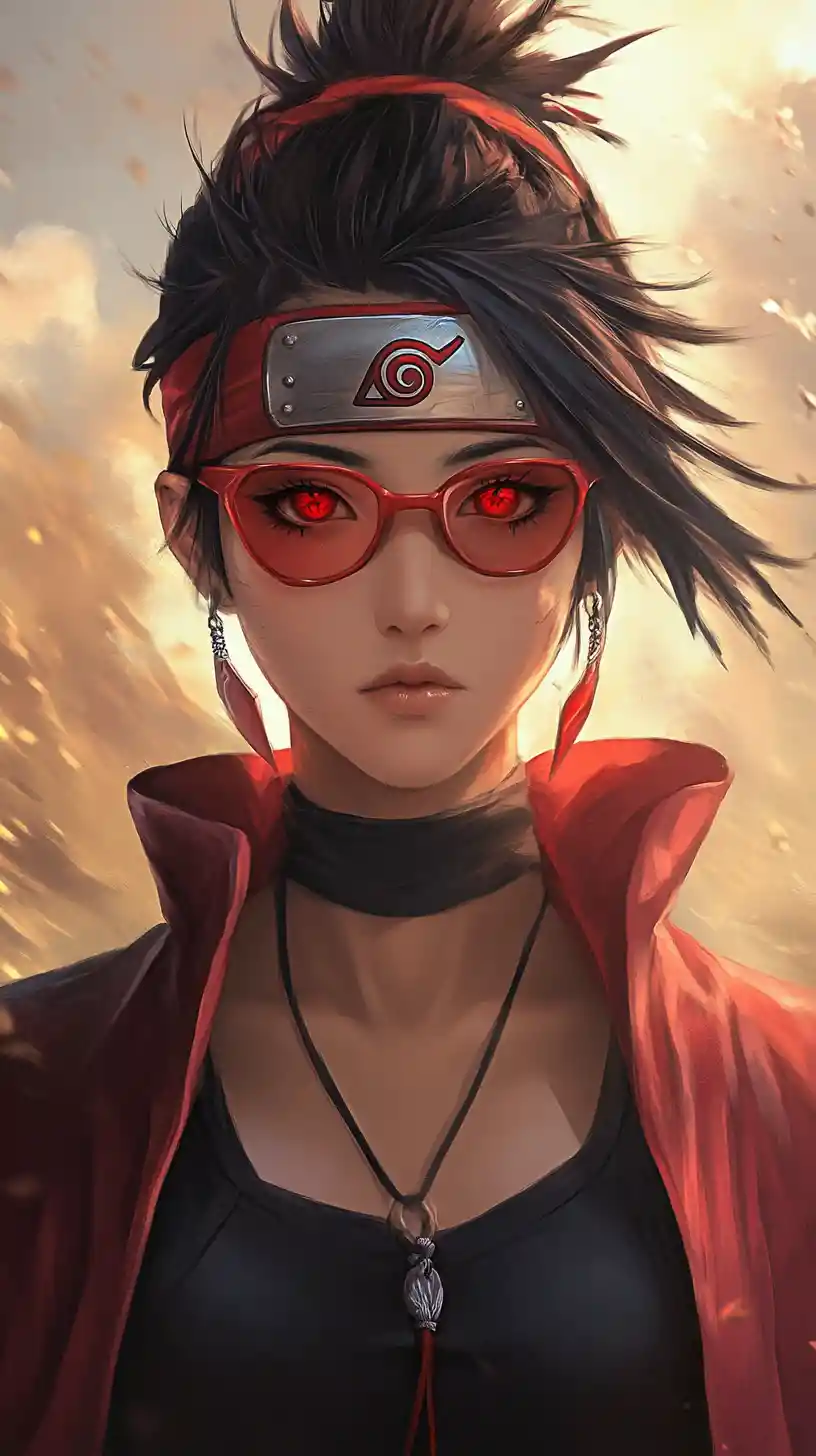 Intensive Anime-Frau in Rot im warmen Wüstenlicht