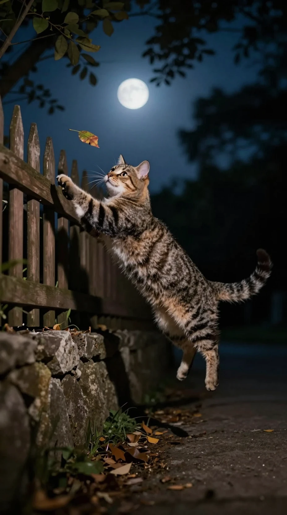 Verspielte getigerte Katze springt nachts zwischen Zaun und Steinmauer