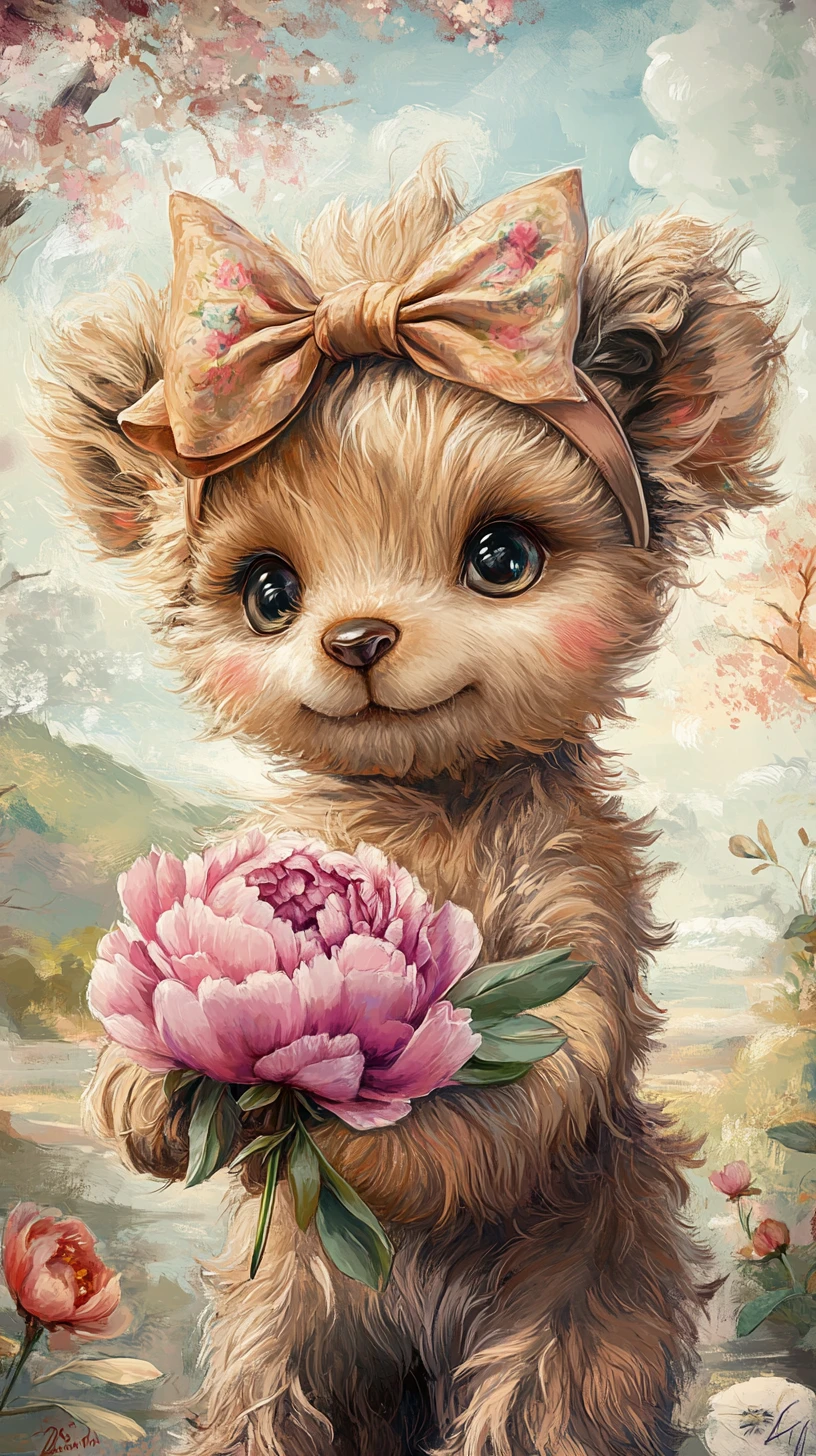 Cute teddy bear with bow holding peony in spring landscape