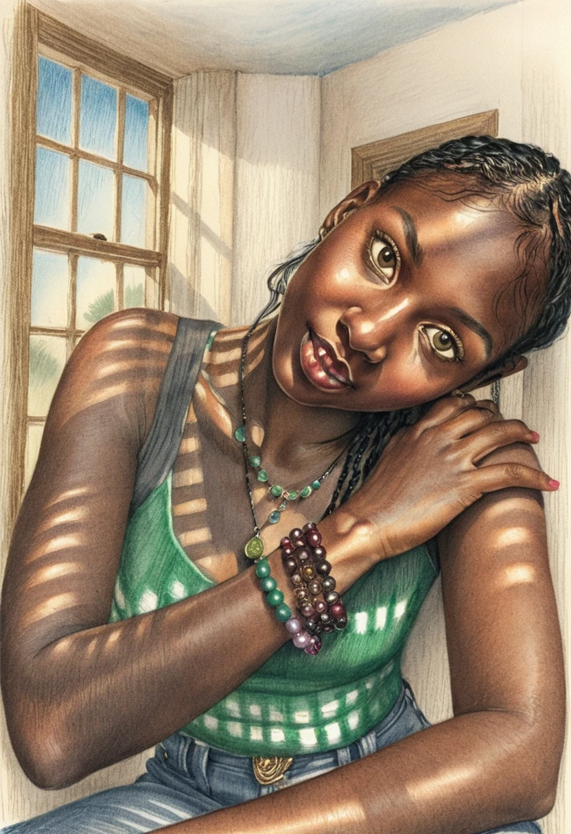 Young woman in vivid light through window blinds