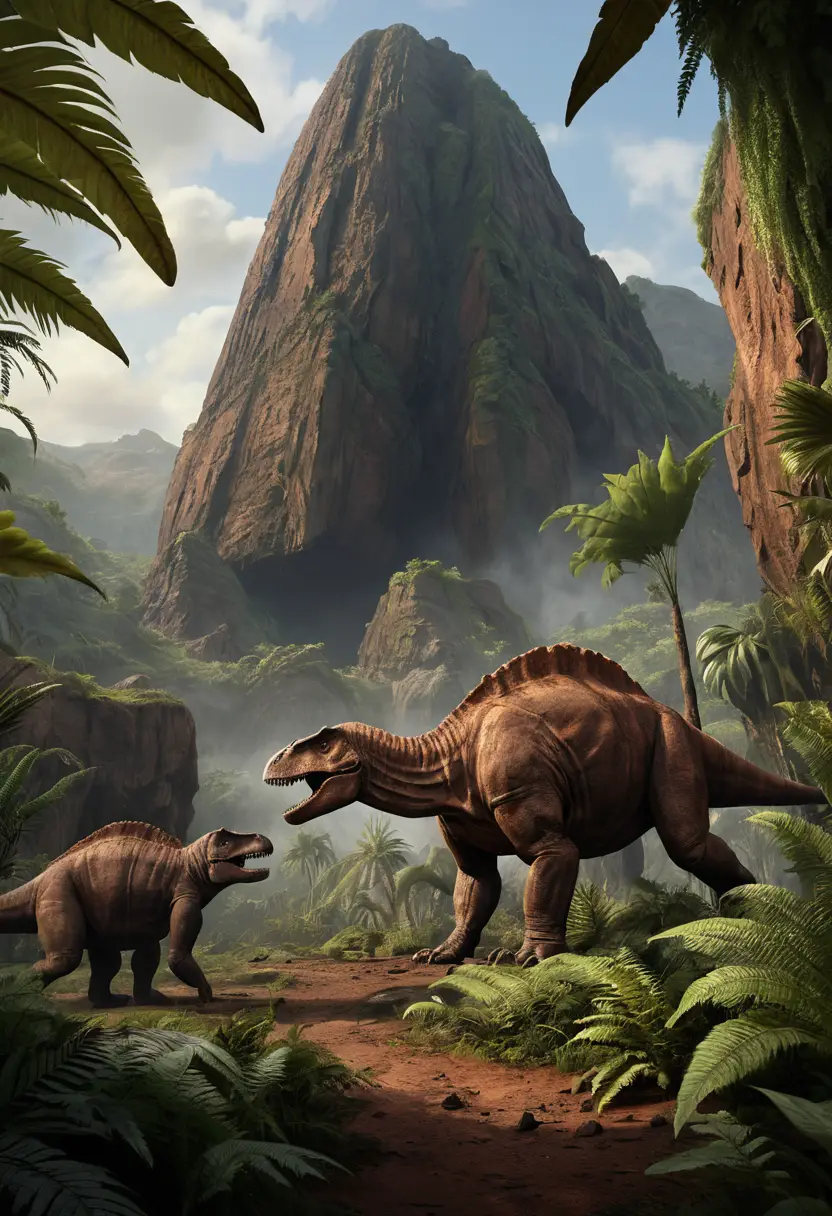 Prehistoric Creatures In A Primordial Volcanic Landscape