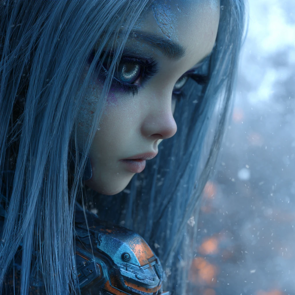 Melancholic cyberpunk woman in a misty post apocalyptic landscape